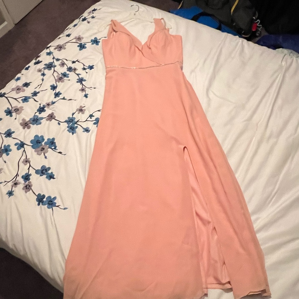 Blush pink bridesmaids dress with a slit